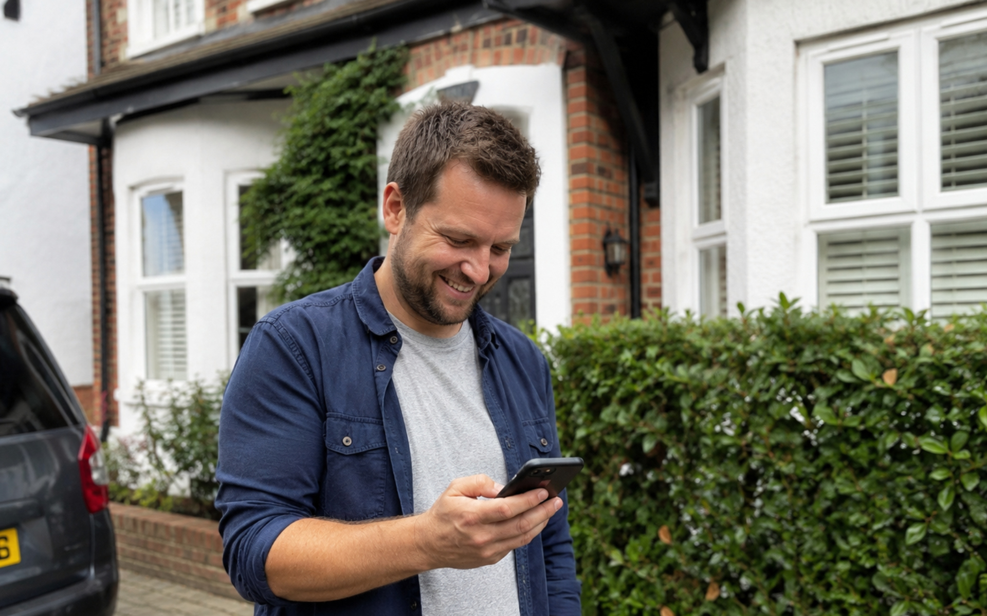 A man smiling at his mobile phone outside his house beside a car