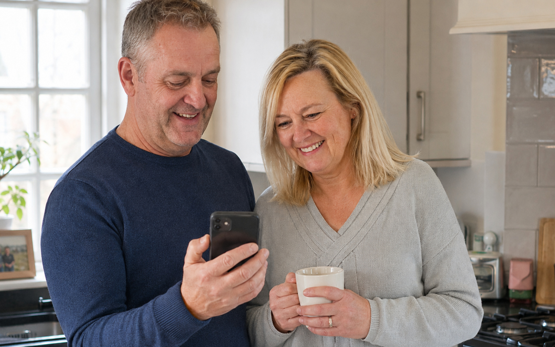 A middle-aged couple smiling in their kitchen as they check their vehicle finance agreement on a mobile phone